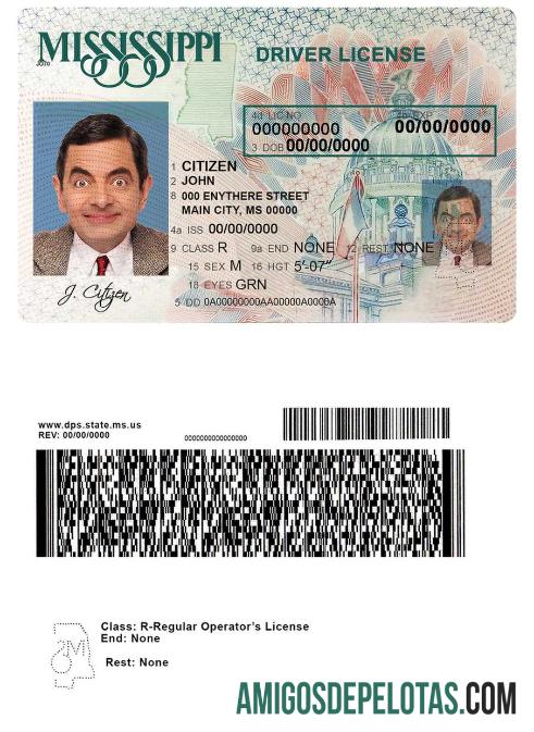 Carteira de motorista do Mississippi nos EUA modelo